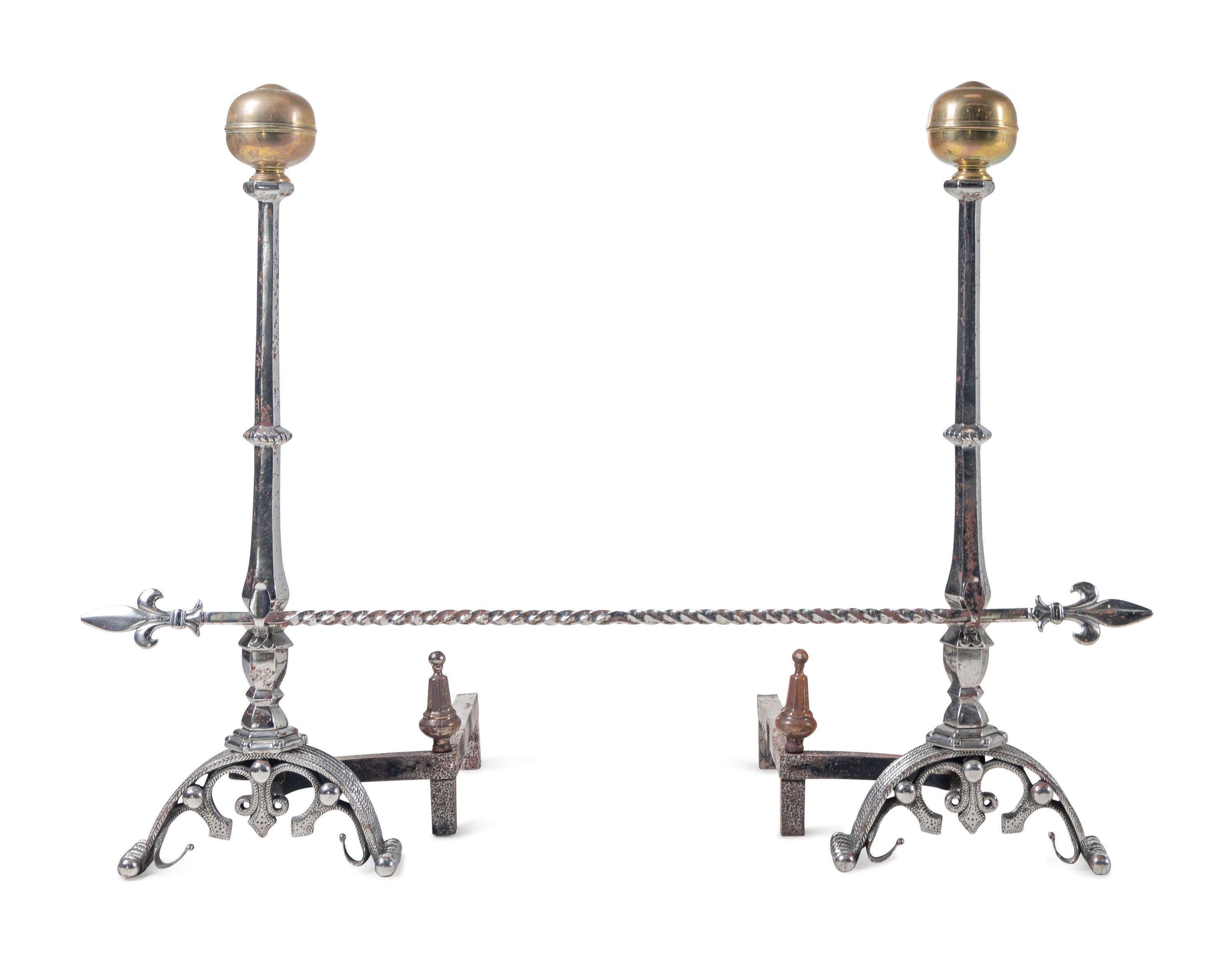 A Pair of English Brass and Steel Andirons