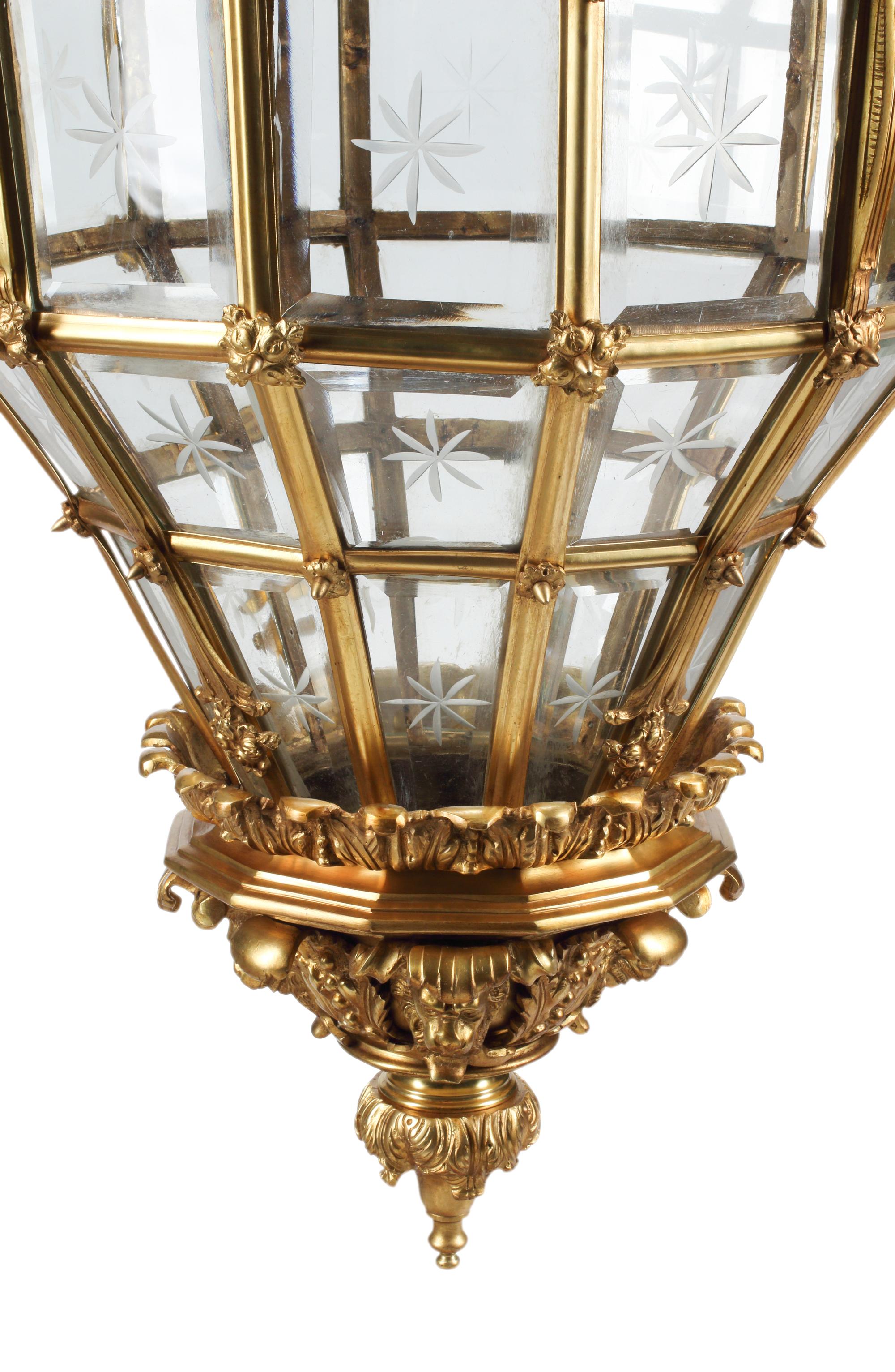 A Pair of Louis XVI Style Gilt Bronze and Etched Glass Hall Lanterns