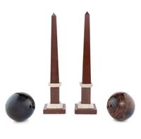 A Pair of Hardstone Obelisks and a Pair of Hardstone Spherical Ornaments