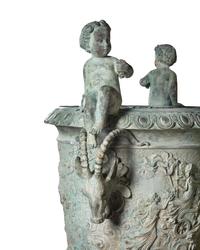 A Pair of Neoclassic Style Patinated Bronze Garden Urns and a Fountain