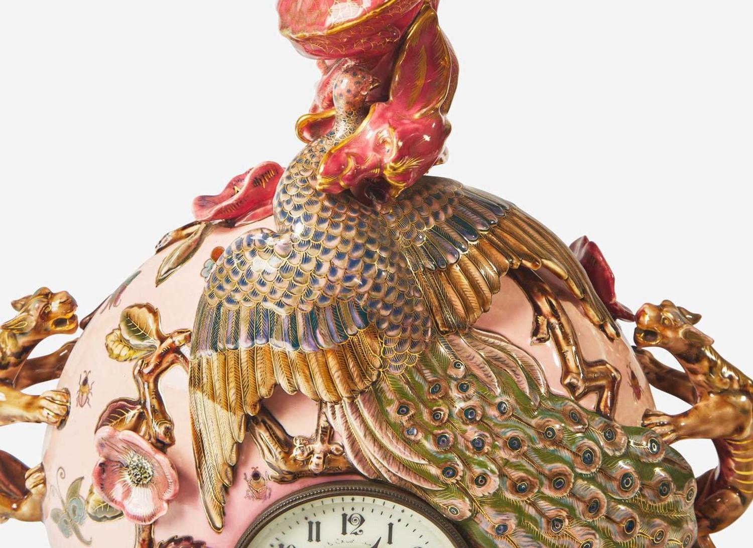 An Aesthetic Movement Zsolnay lustreware clock vase, Pecs, Hungary, with works by Japy Frères & Cie, Paris, retailed by J.E. Caldwell & Co., Philadelphia, PA, 1878-1879