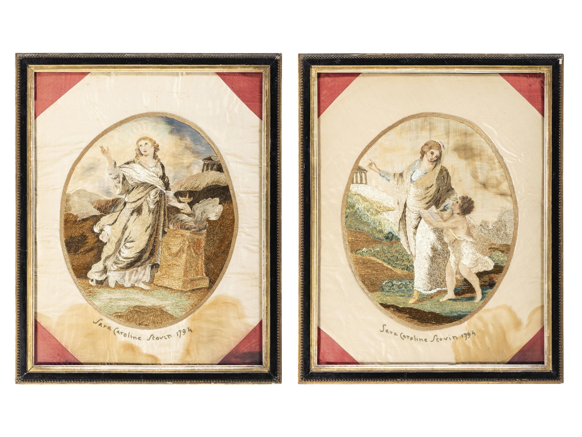 A Pair of Needlework Embroidered Pictures, Wrought by Sara Caroline Scovin