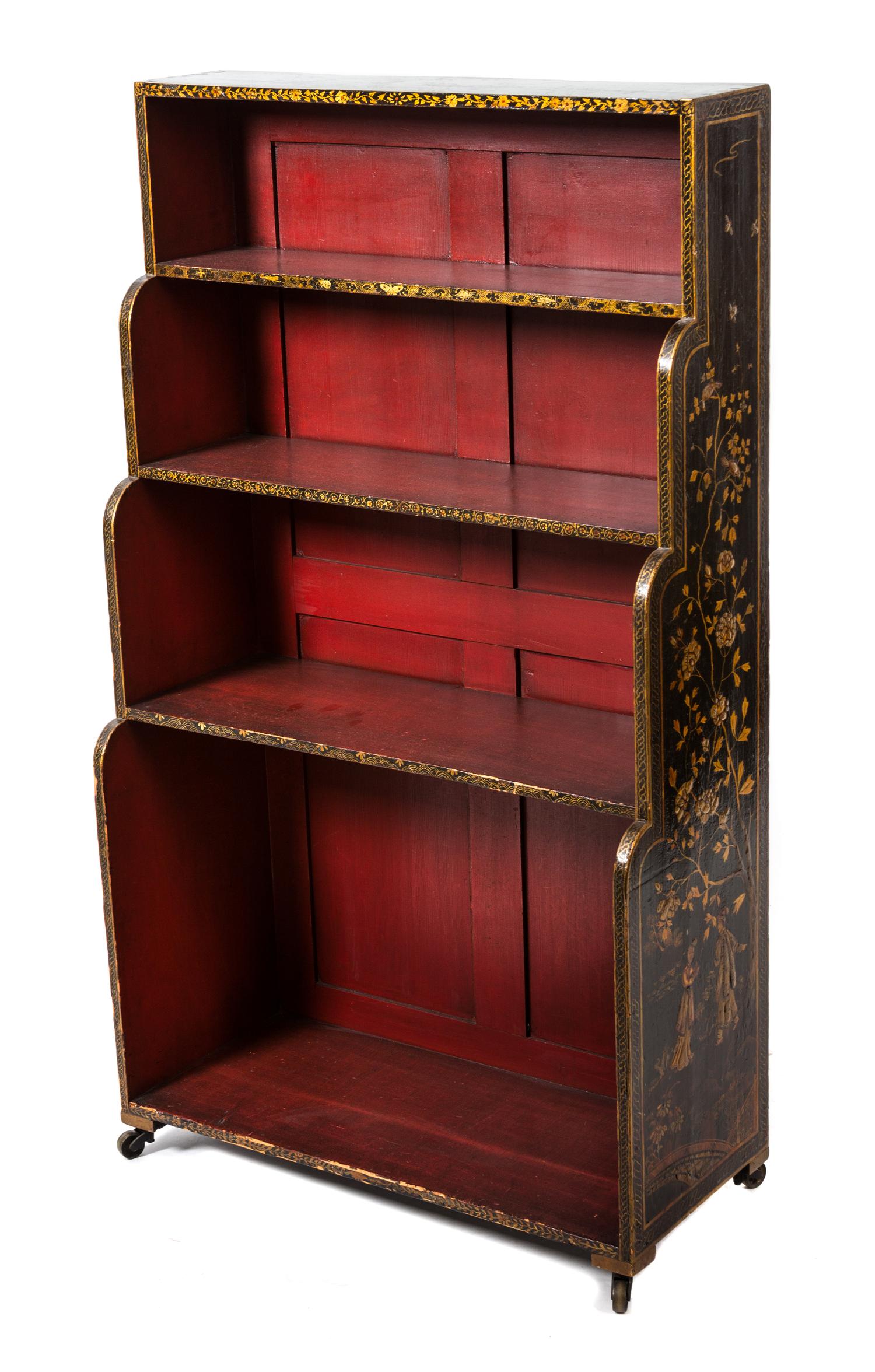 A Regency Chinoiserie Decorated Waterfall Bookcase Height 47 1/2 x width 37 x depth 11 3/4 inches. — 19TH CENTURY