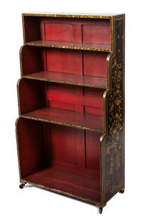 A Regency Chinoiserie Decorated Waterfall Bookcase Height 47 1/2 x width 37 x depth 11 3/4 inches. — 19TH CENTURY