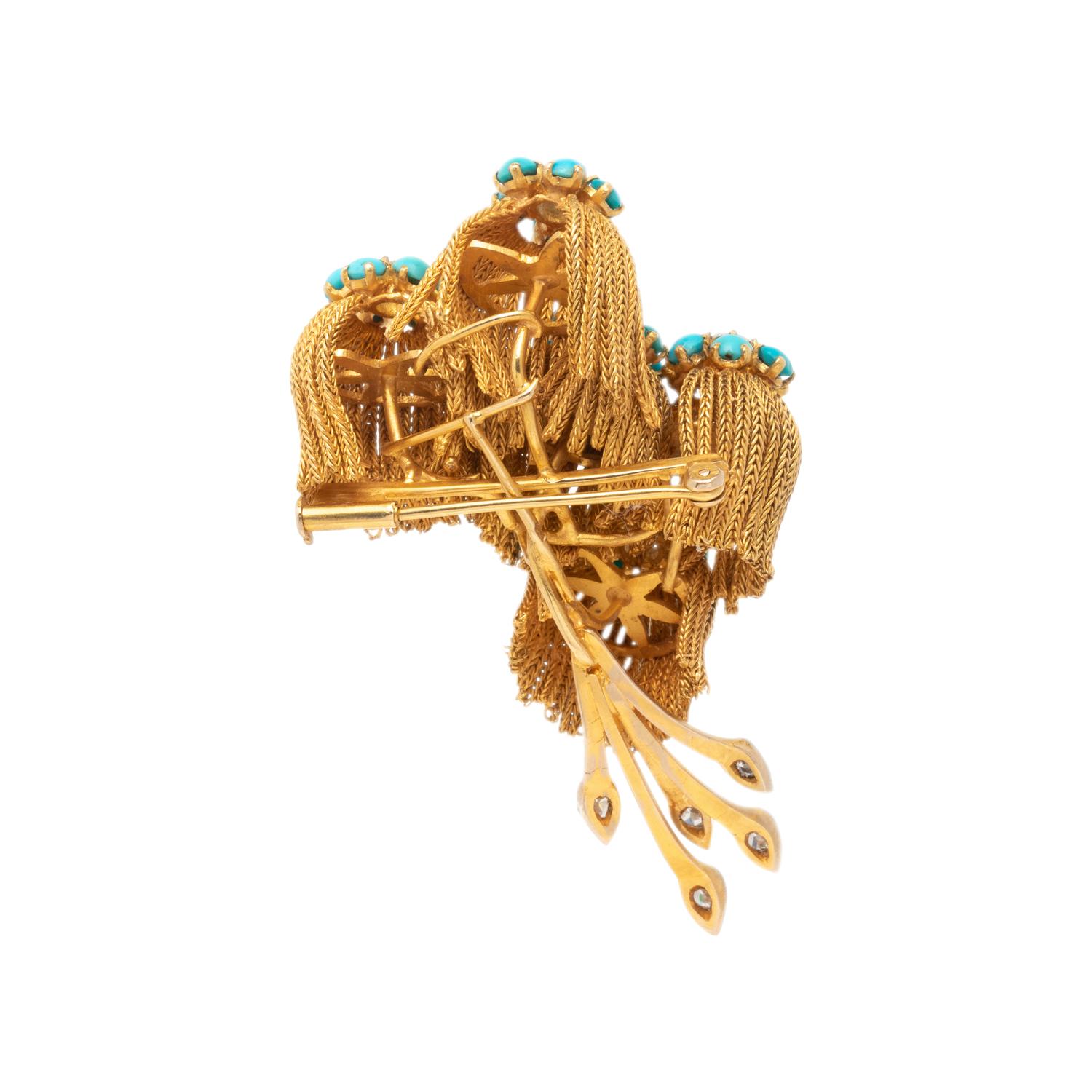 YELLOW GOLD, TURQUOISE AND DIAMOND BROOCH