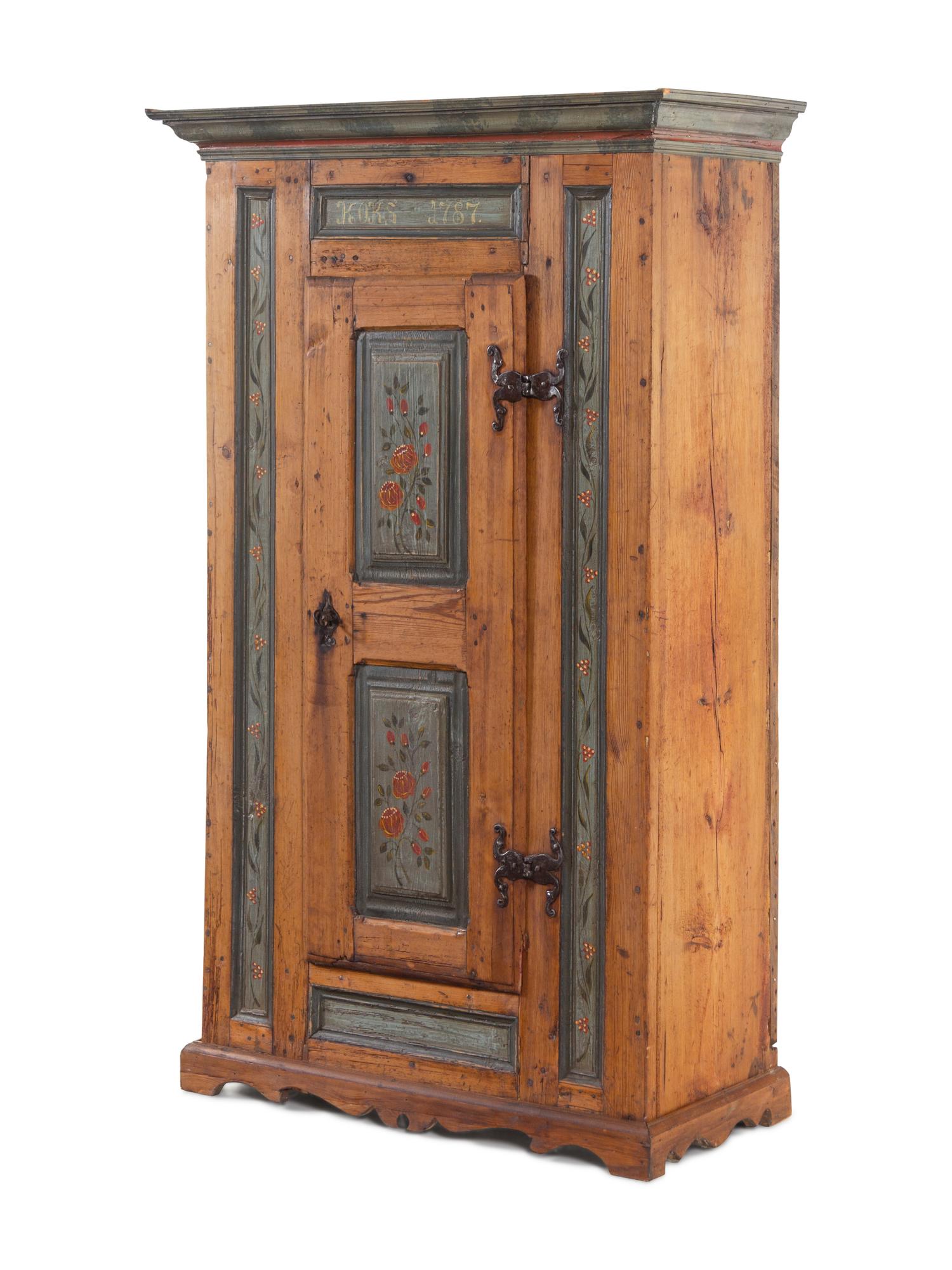 A Scandinavian Wrought Iron Mounted Painted Pine Schrank