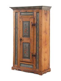 A Scandinavian Wrought Iron Mounted Painted Pine Schrank