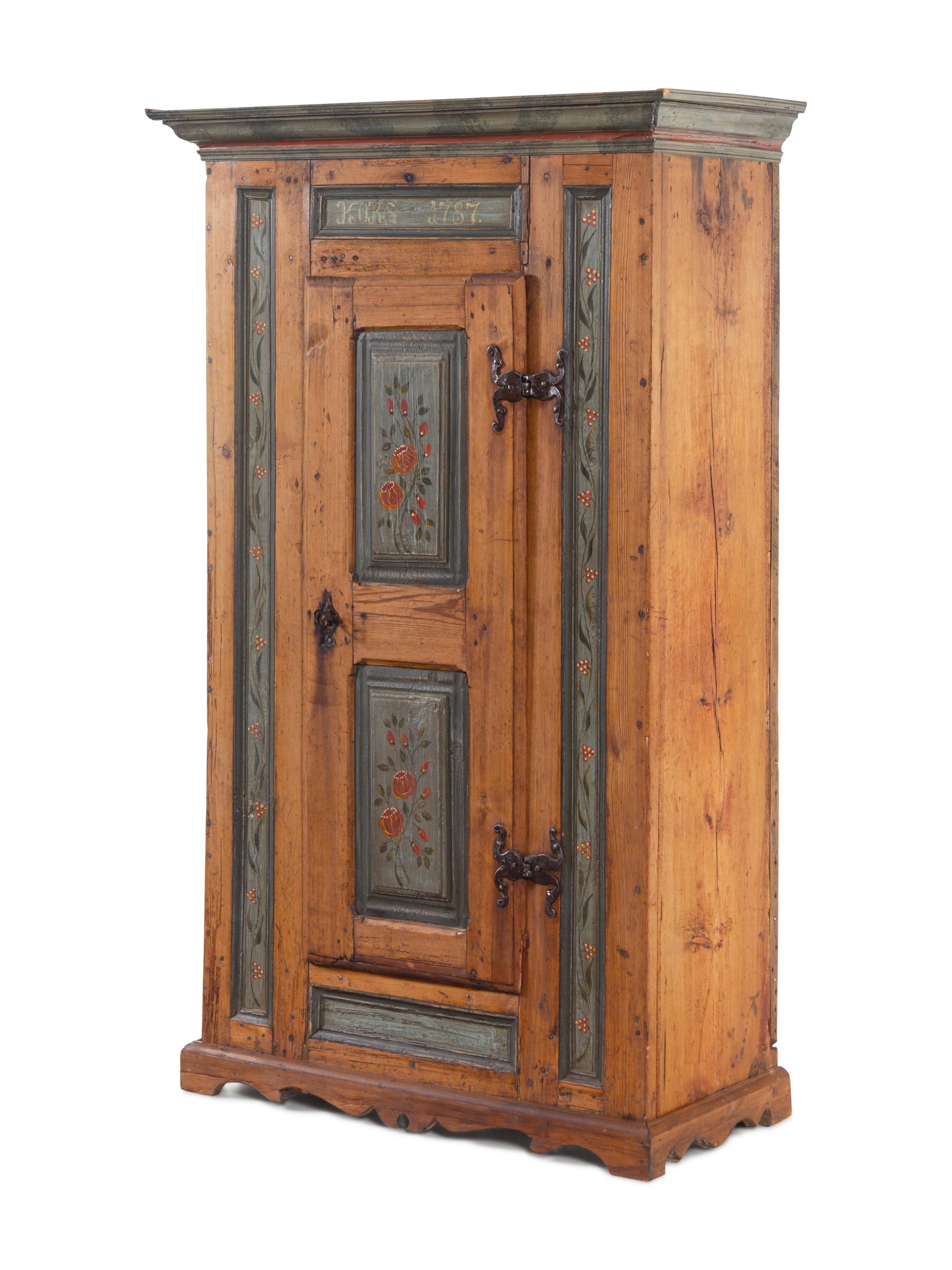 A Scandinavian Wrought Iron Mounted Painted Pine Schrank