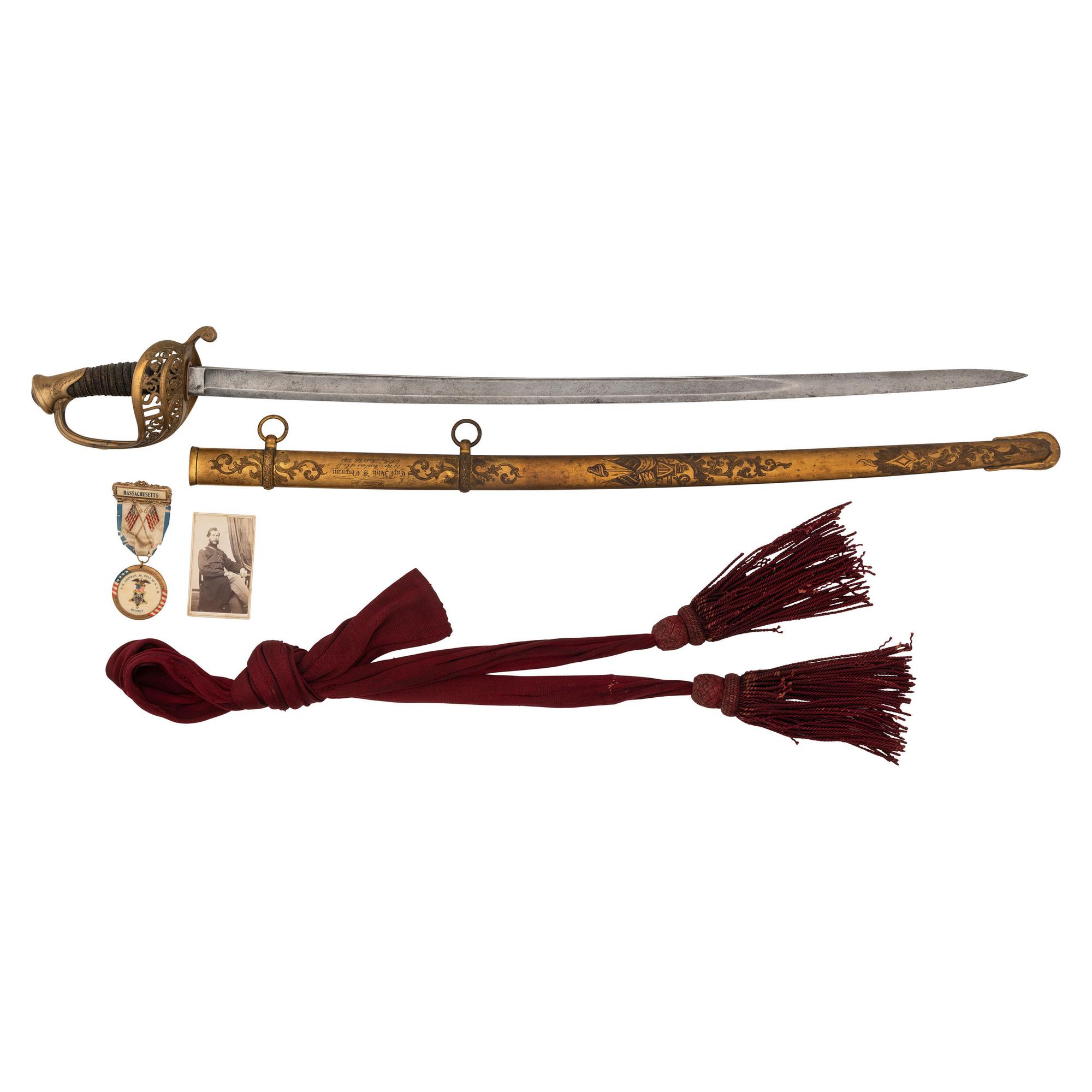 Ames Model 1850 Staff and Field Officers Sword Presented to Capt John Chipman 59th Mass - POW and WIA, with Sash, CDV and GAR Button