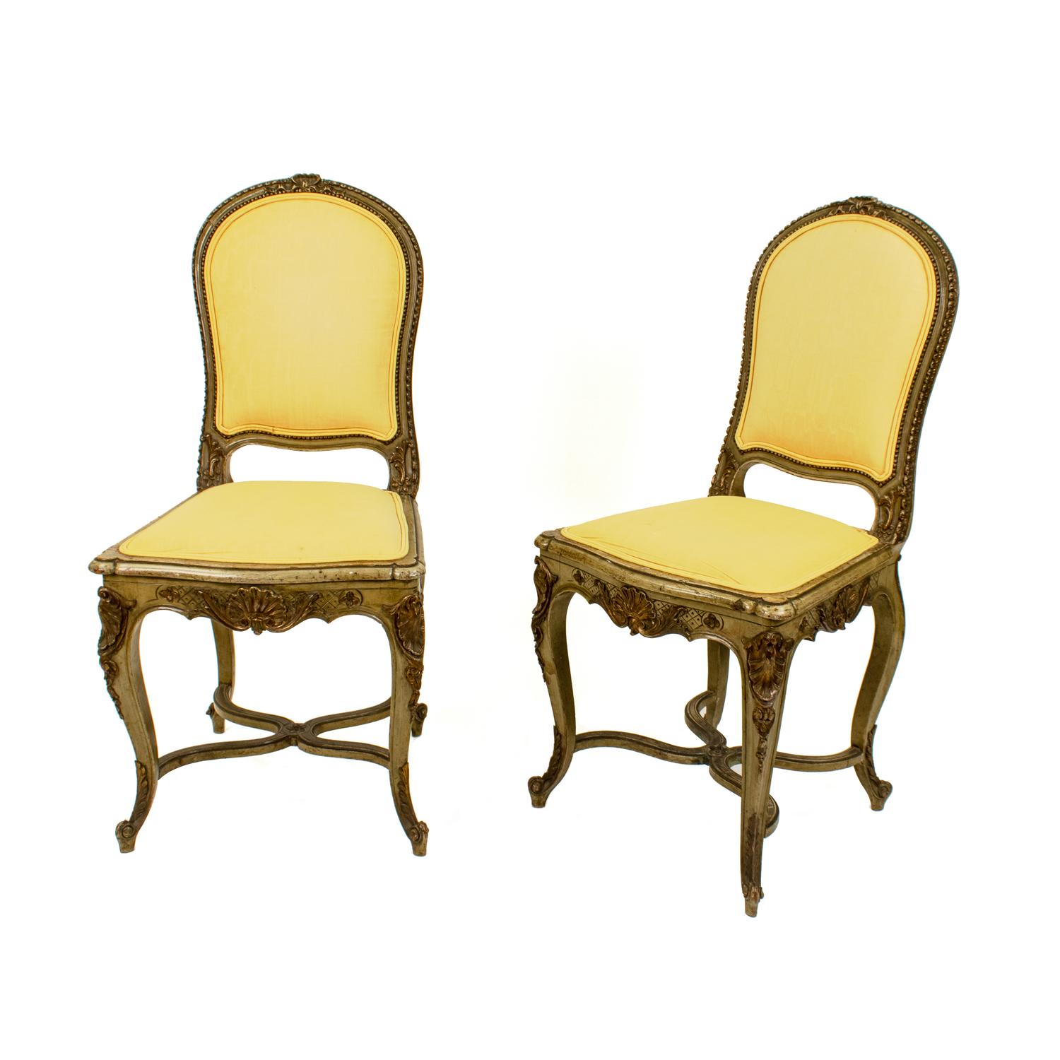A Pair of French Louis XV Style Painted and Parcel Gilt Side Chairs — 19TH CENTURY