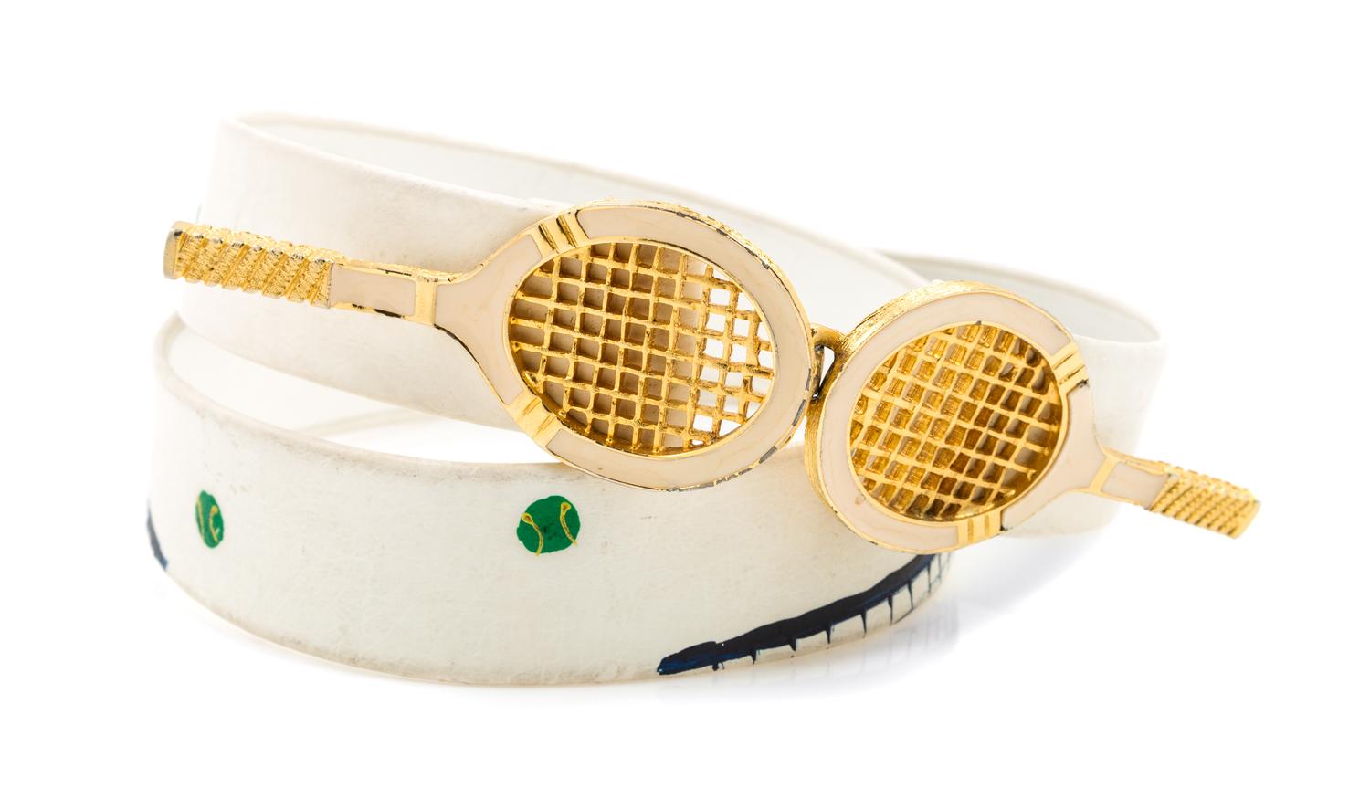 A White Leather Hand Painted Tennis Belt, 34"