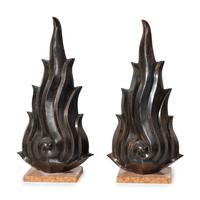 A Pair of Art Deco Patinated Bronze Flame-Form Ornaments