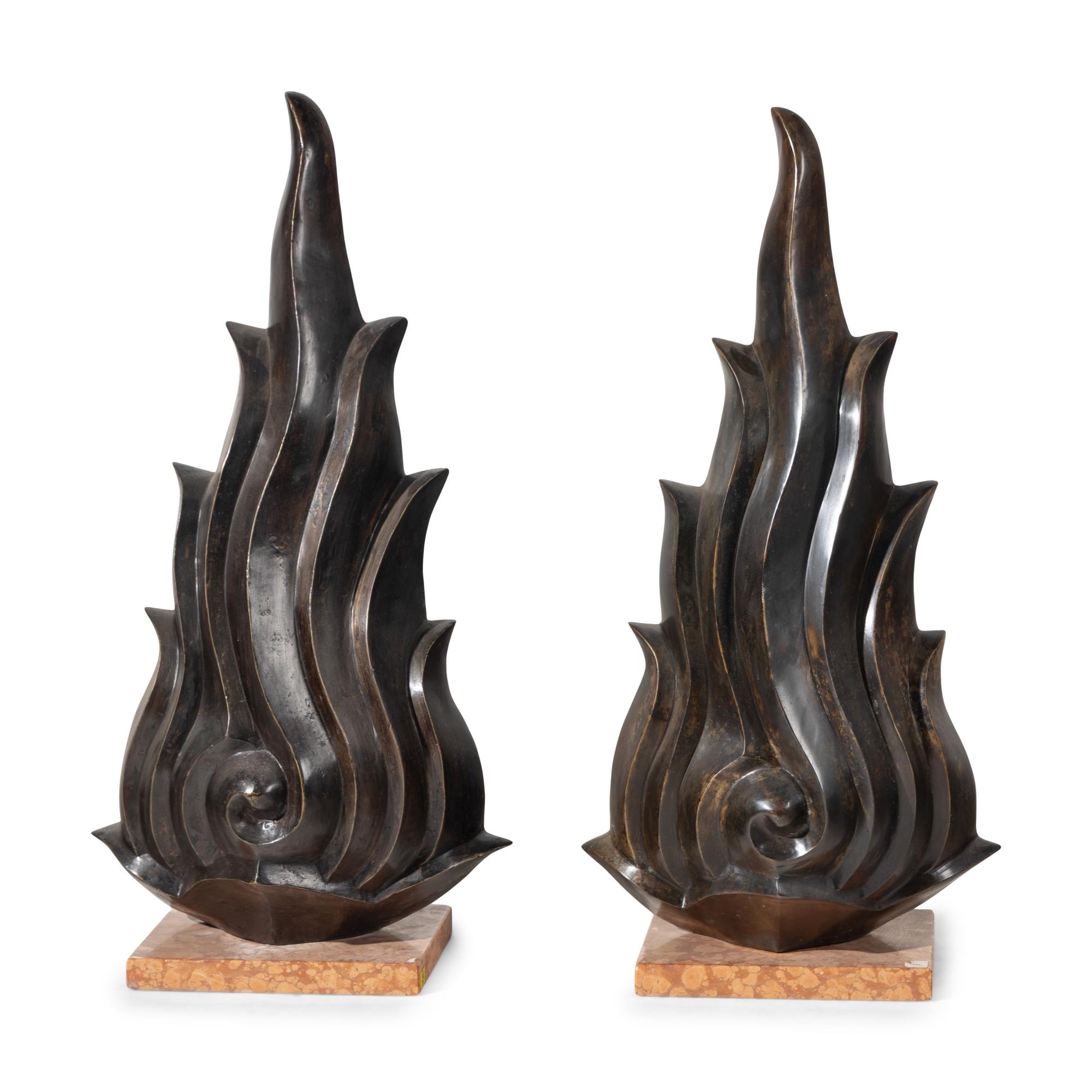 A Pair of Art Deco Patinated Bronze Flame-Form Ornaments
