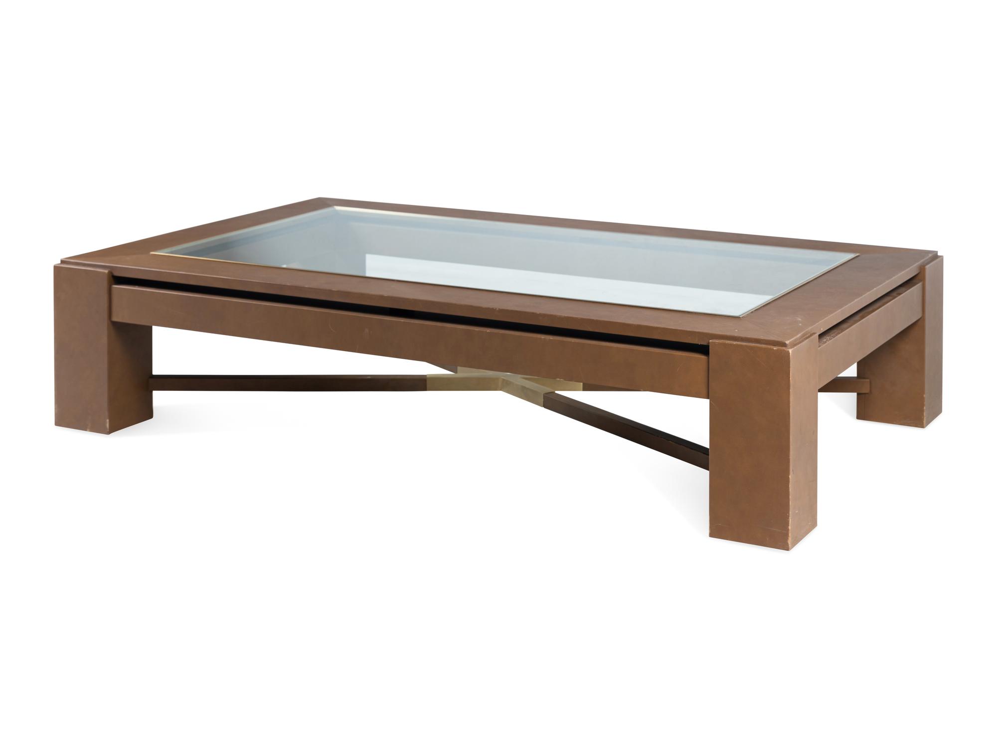 A Contemporary Faux Leather, Brass and Glass Low Table