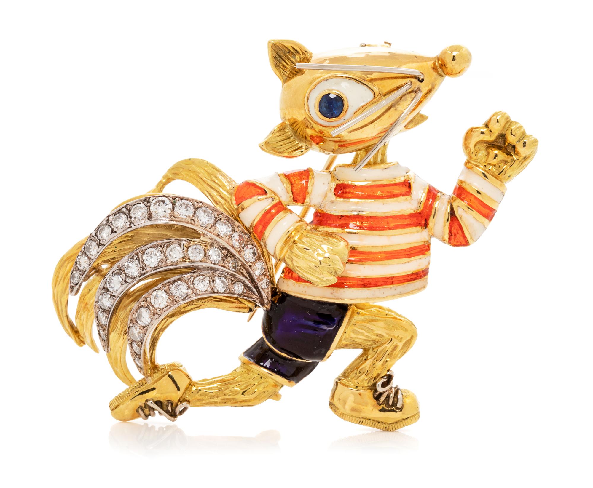 An 18 Karat Yellow Gold, Diamond, Sapphire and Polychrome Enamel Running Squirrel Brooch, 20.70 dwts.