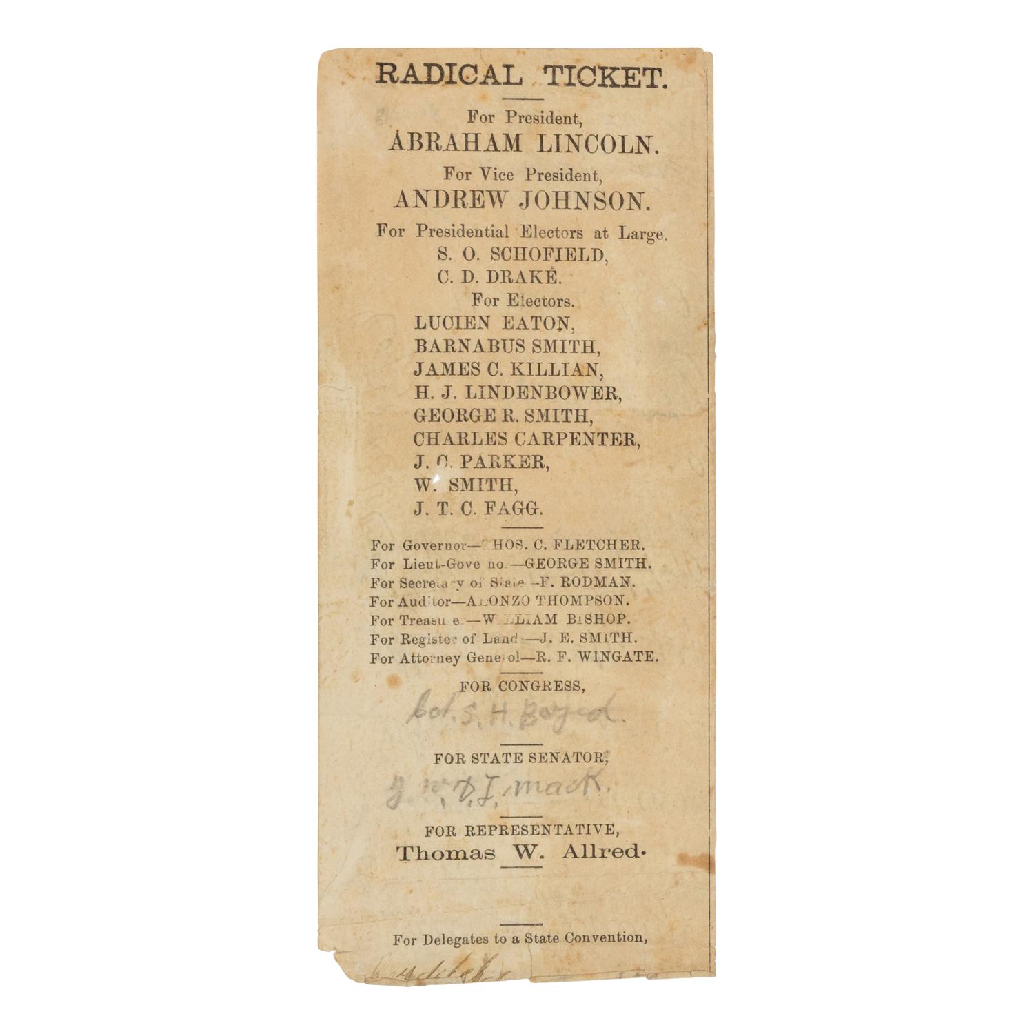 [LINCOLN-JOHNSON CAMPAIGN]. An election ballot for the "Radical Ticket." Missouri: n.p., 1864.