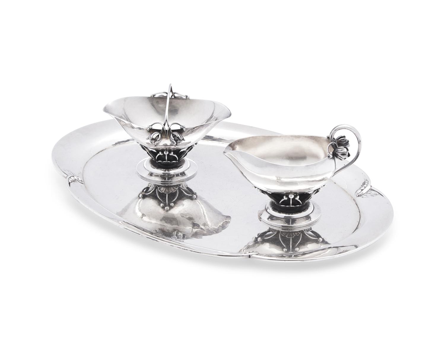 A Georg Jensen Silver Creamer and Sugar with Tray