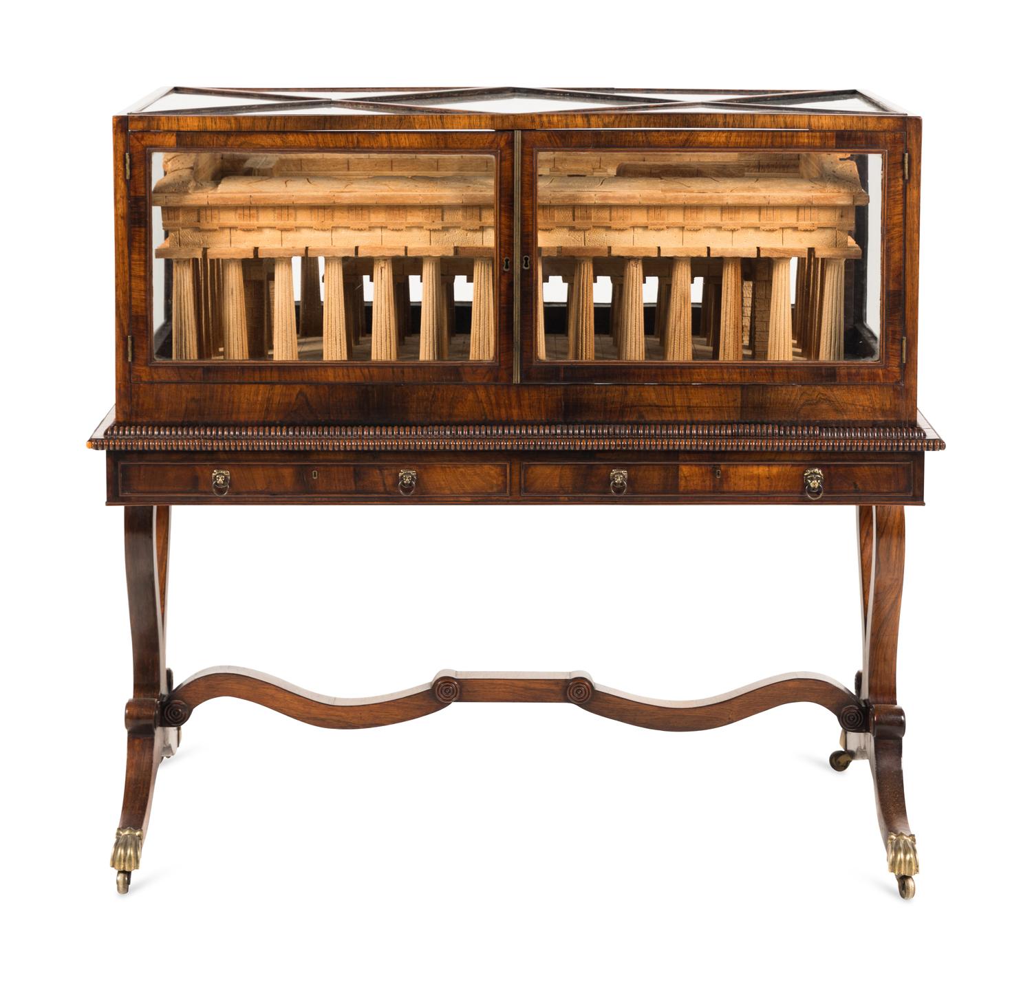 A Carved Wood Model of the Paestum Temple of Hera II in a Rosewood Display Case
