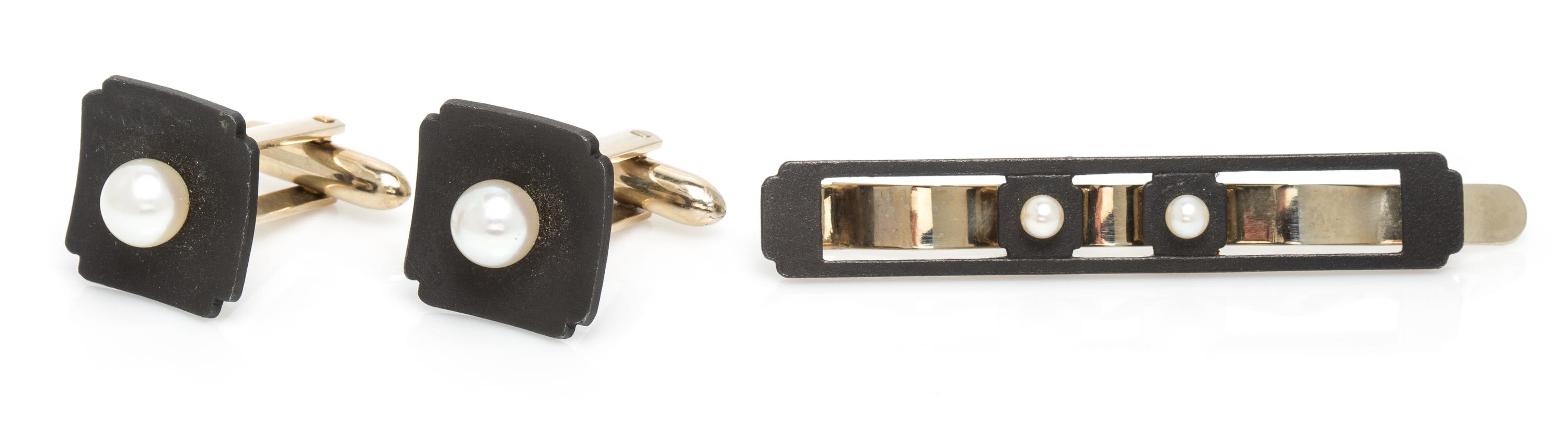 A Collection of Art Moderne Blackened Steel and Cultured Pearl Jewelry, Marsh & Co., 9.30 dwts.