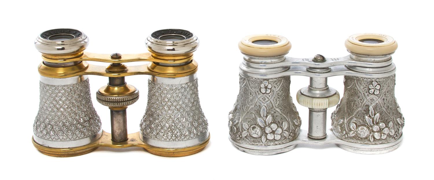 Two Pairs of French Aluminum Cased Opera Glasses, Width of first 4 1/8 inches.