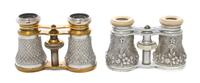 Two Pairs of French Aluminum Cased Opera Glasses, Width of first 4 1/8 inches.