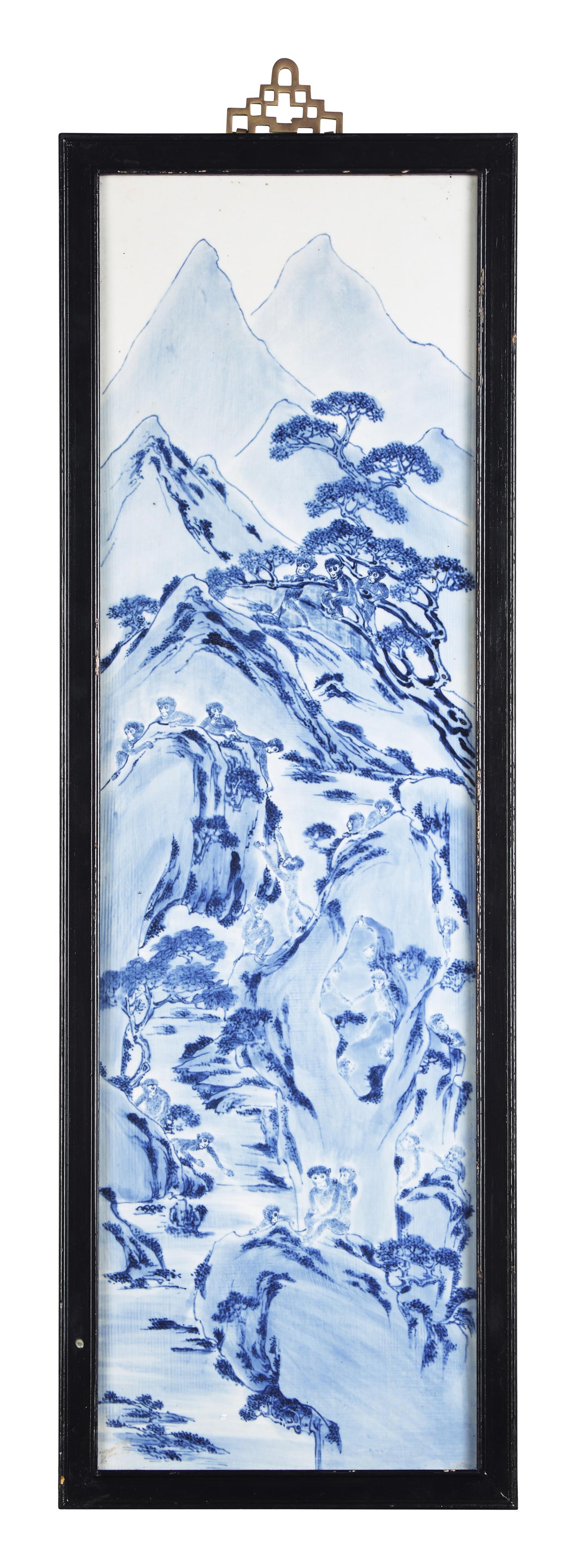 A Set of Four Chinese Blue and White Porcelain Wall Plaques 青花山水圖四條屏