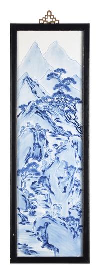 A Set of Four Chinese Blue and White Porcelain Wall Plaques 青花山水圖四條屏