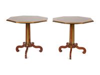 A Pair of Regency Style Hexagonal Top Crossbanded Side Tables with Brass Rims — 20TH CENTURY