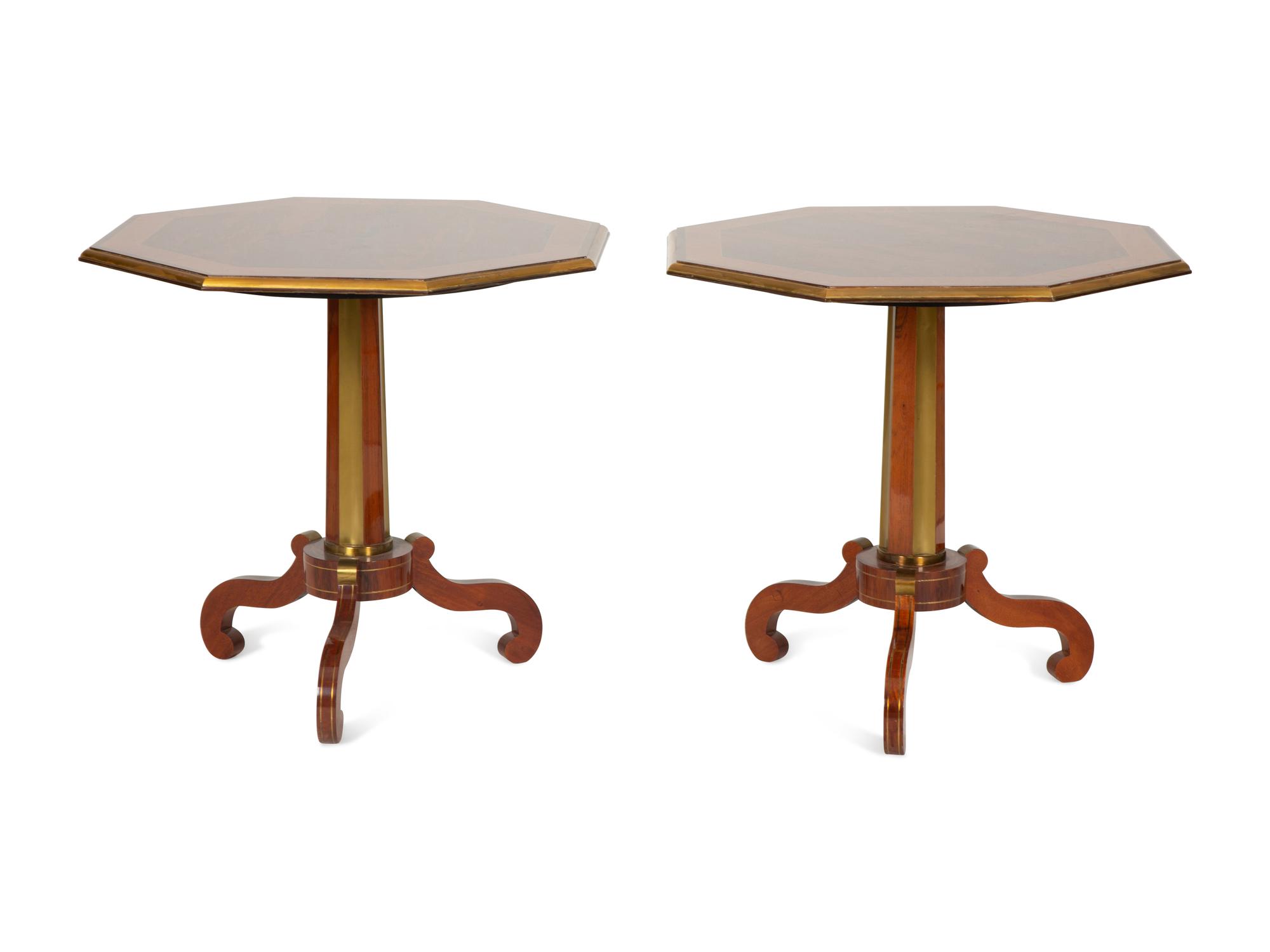 A Pair of Regency Style Hexagonal Top Crossbanded Side Tables with Brass Rims — 20TH CENTURY