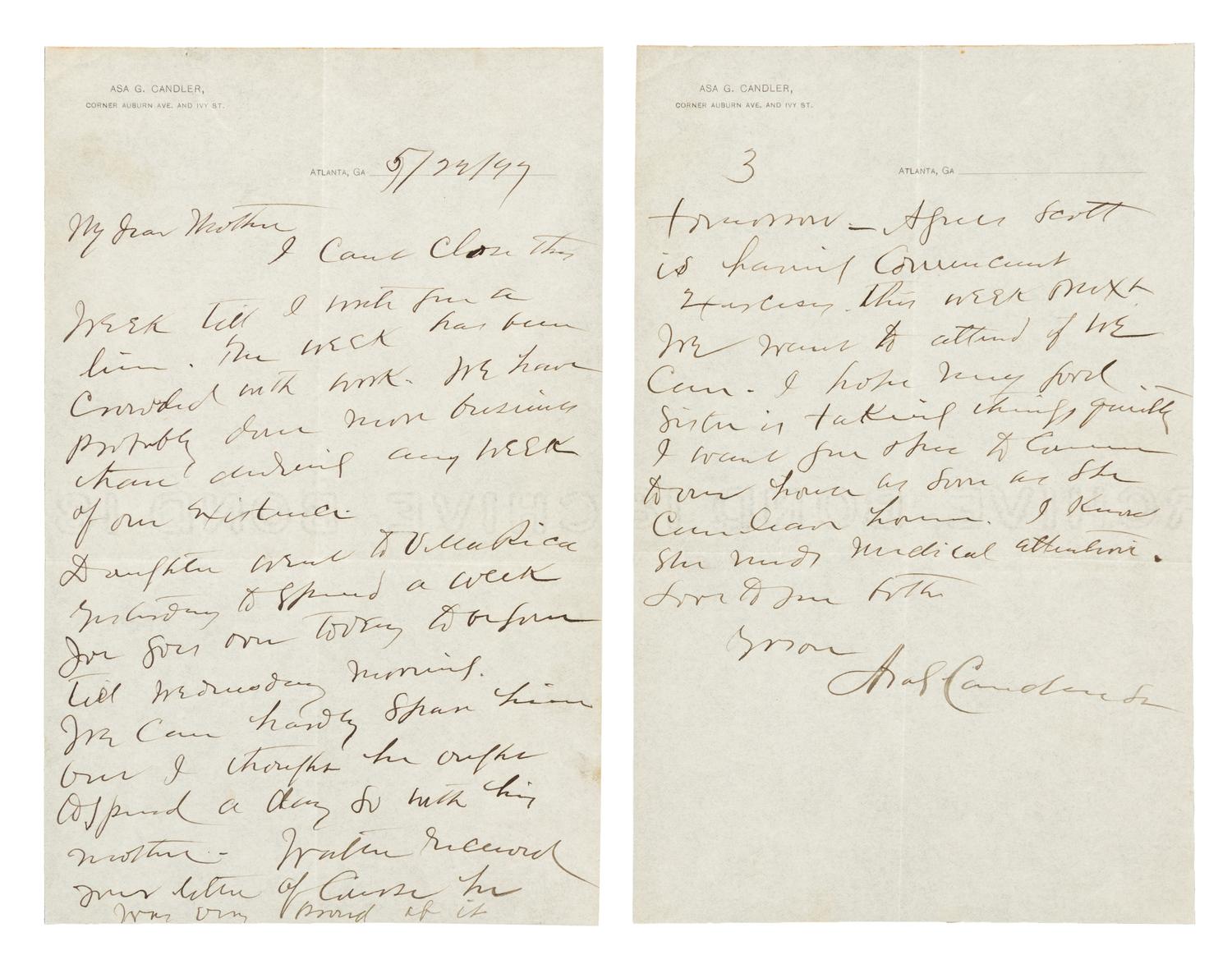 CANDLER, Asa Griggs (1851-1929). Autograph letter signed ("Asa G Candler"), to his mother. Atlanta, 22 May 1897.