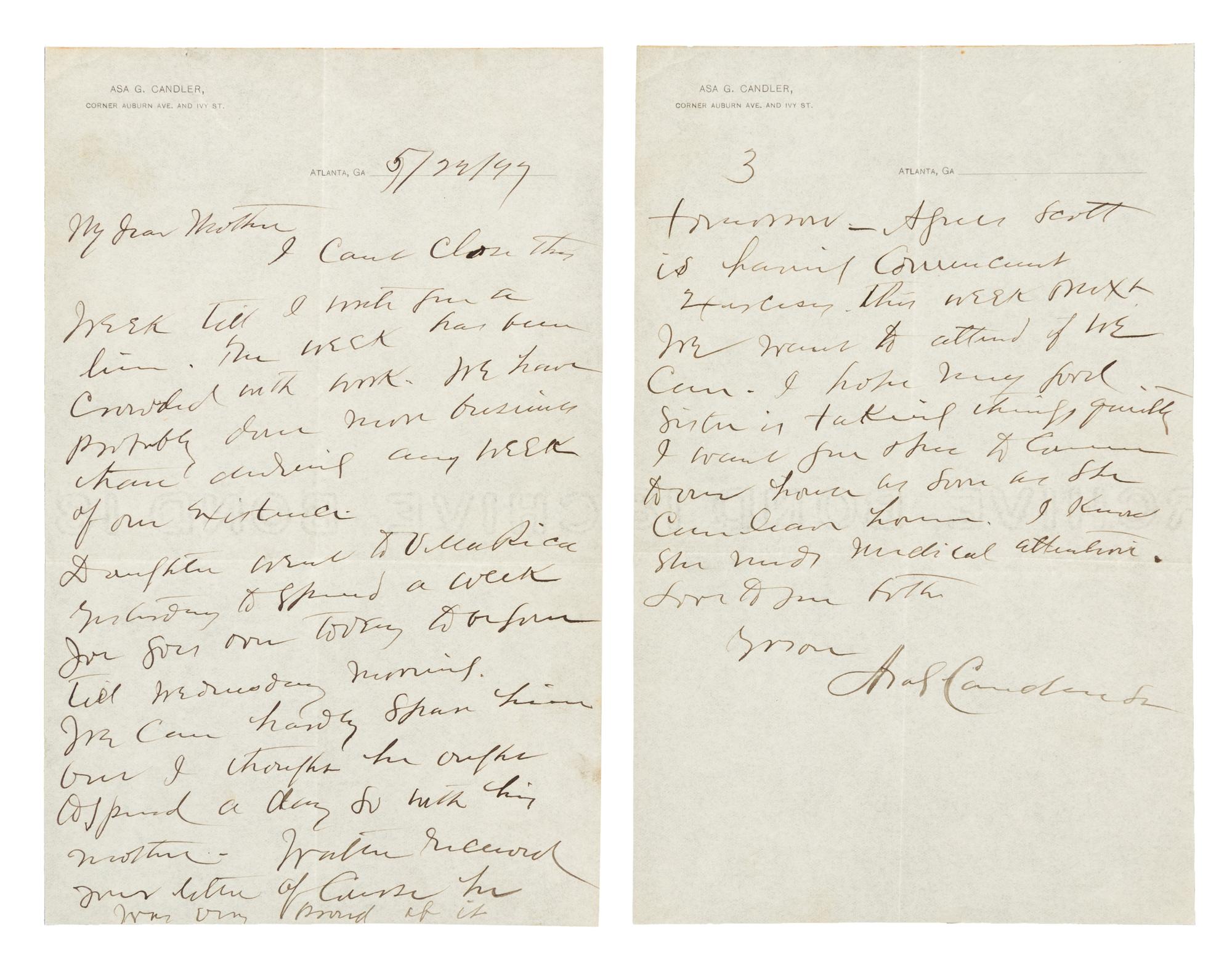 CANDLER, Asa Griggs (1851-1929). Autograph letter signed ("Asa G Candler"), to his mother. Atlanta, 22 May 1897.
