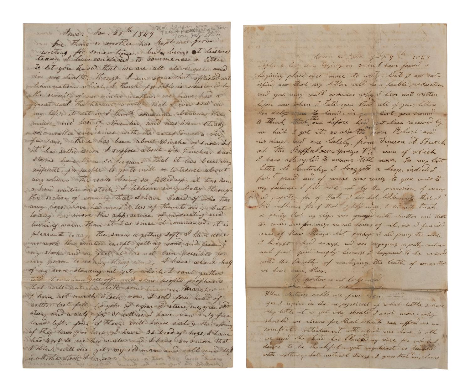[AMERICANA]. 2 letters to Mr. R.H. Ward of Glasgow, KY, one discussing "Iowa Mobocracy."