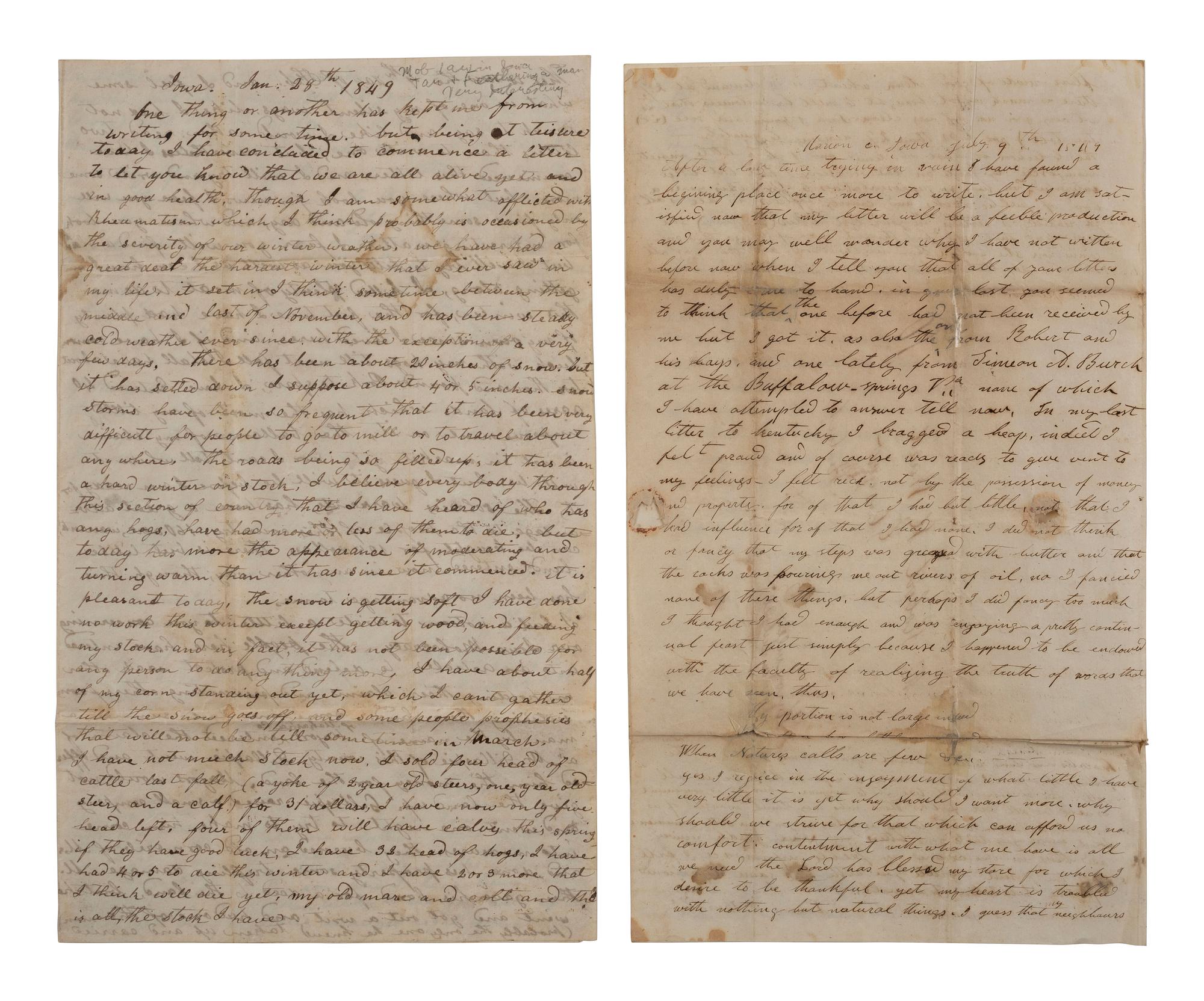 [AMERICANA]. 2 letters to Mr. R.H. Ward of Glasgow, KY, one discussing "Iowa Mobocracy."