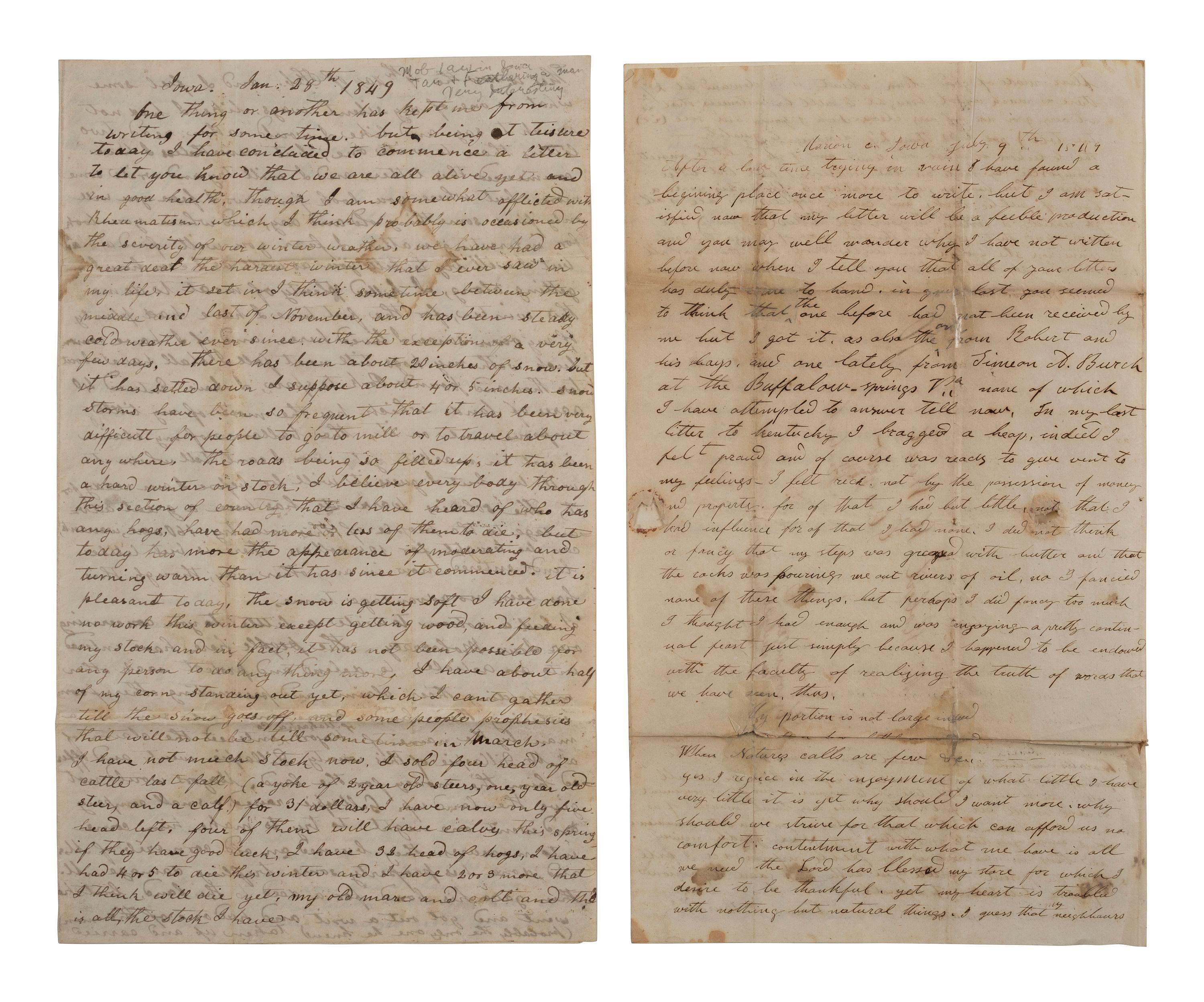 [AMERICANA]. 2 letters to Mr. R.H. Ward of Glasgow, KY, one discussing "Iowa Mobocracy."