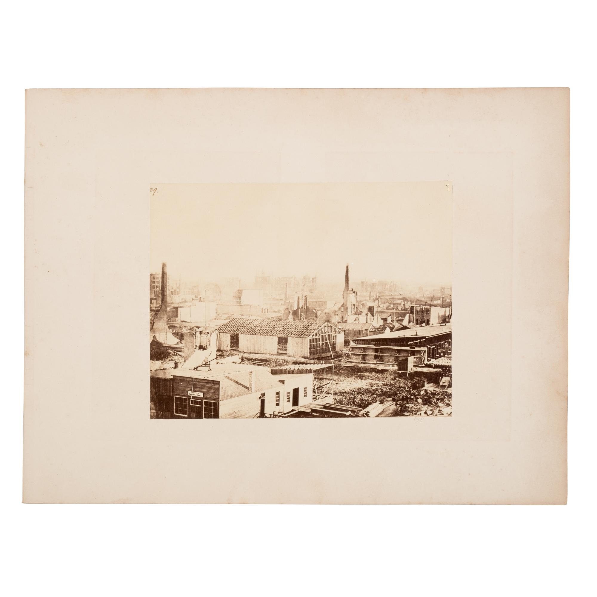 [Chicago Fire]. A collection of approx. 80 CDVs, cabinet cards, albumen prints, and glass slides taken after the Chicago Fire of 1871.