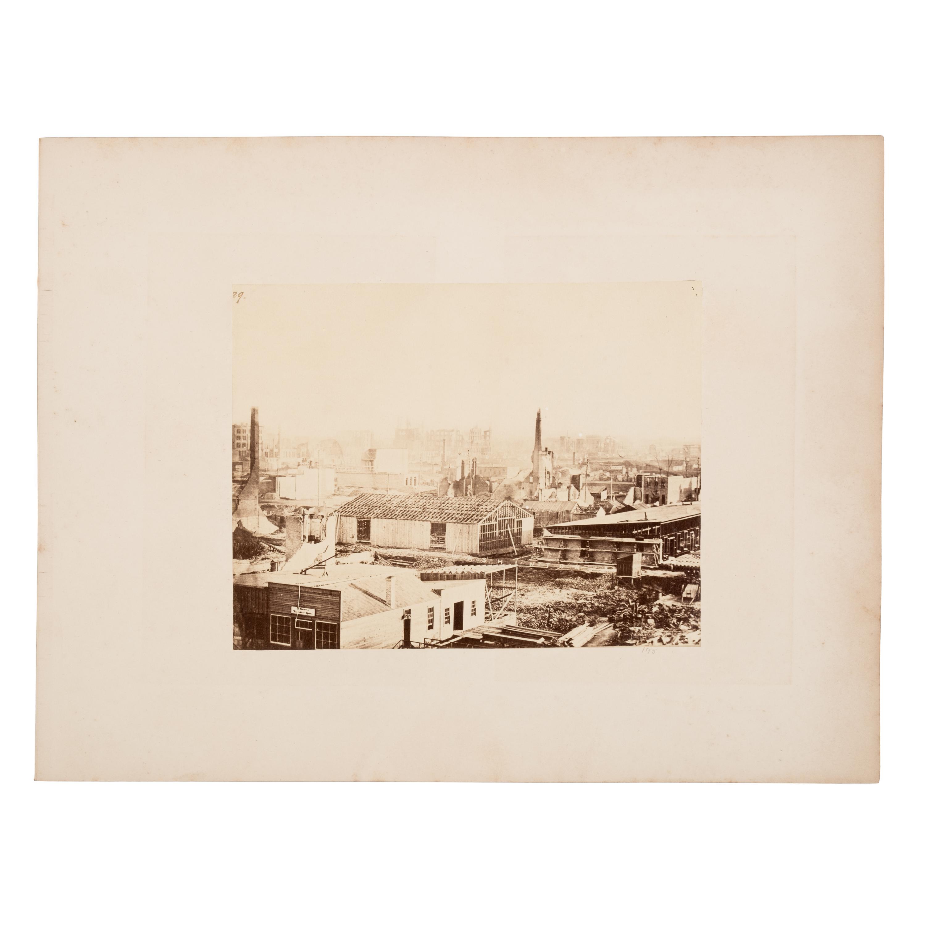 [Chicago Fire]. A collection of approx. 80 CDVs, cabinet cards, albumen prints, and glass slides taken after the Chicago Fire of 1871.