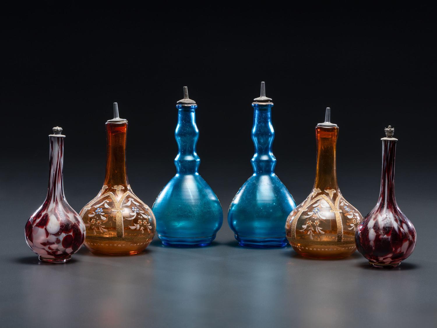 Six Enameled and Gilt Glass Barber Bottles