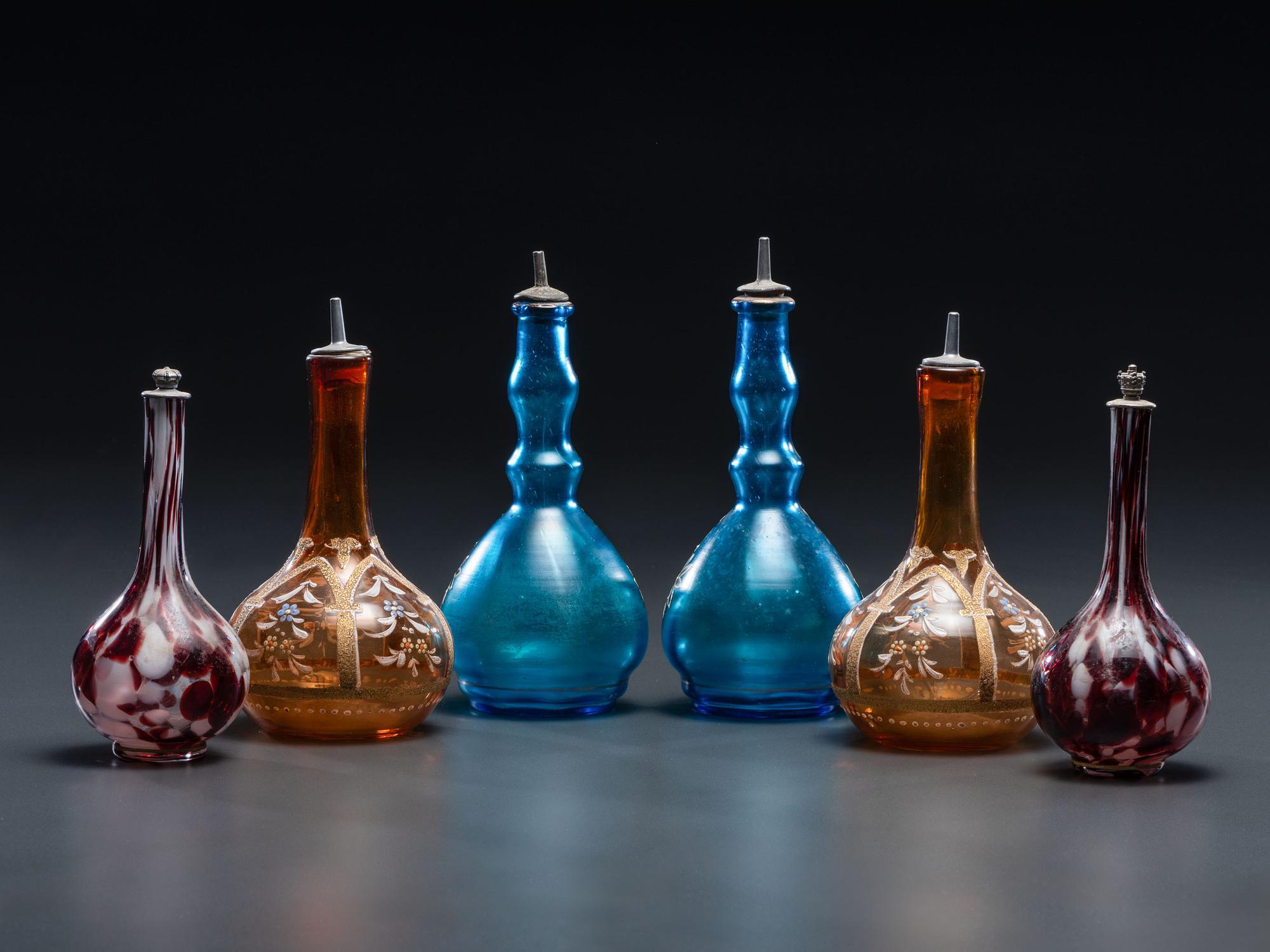 Six Enameled and Gilt Glass Barber Bottles