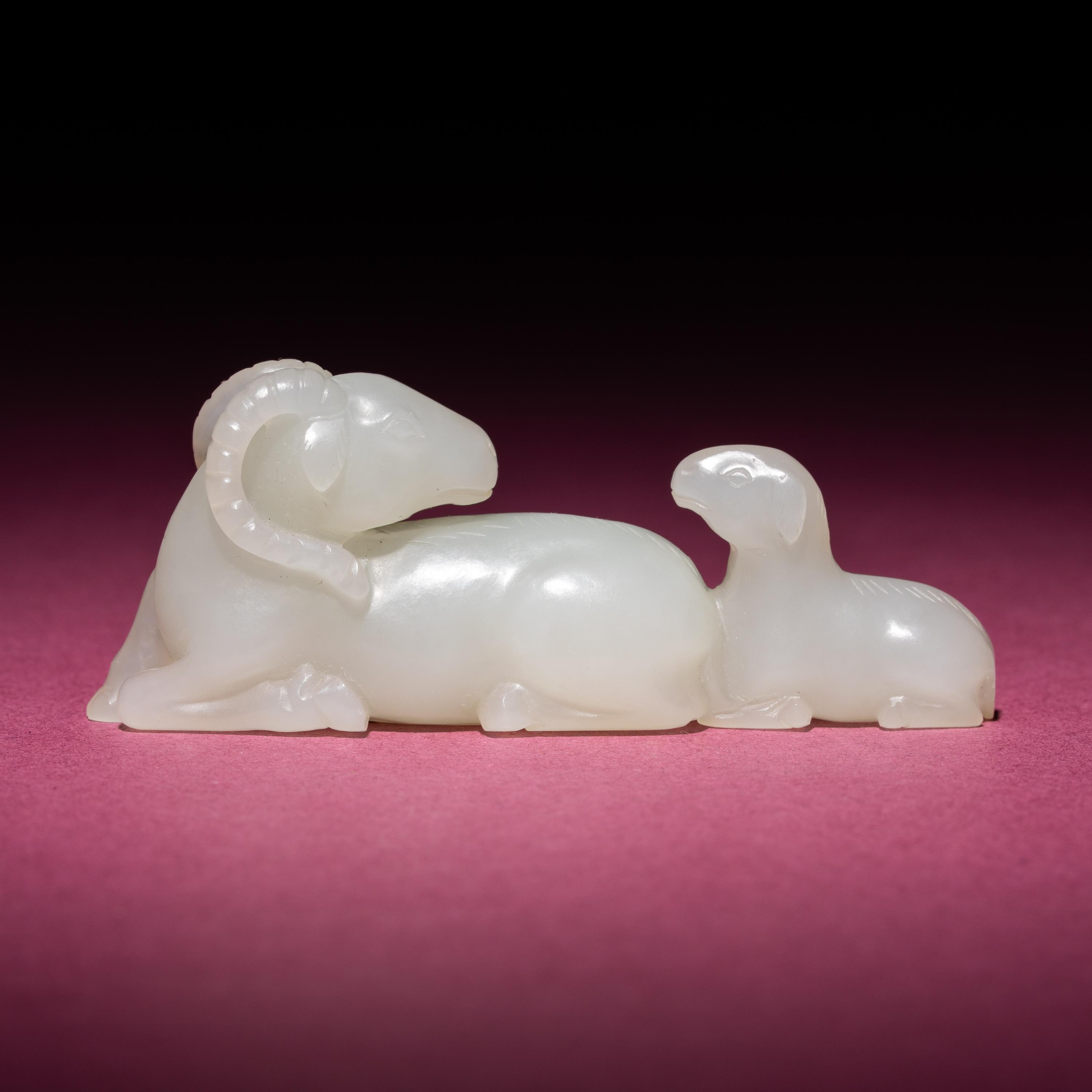 A Chinese White Jade 'Rams' Group, 18th/19th Century — 清中期 白玉雙羊把件