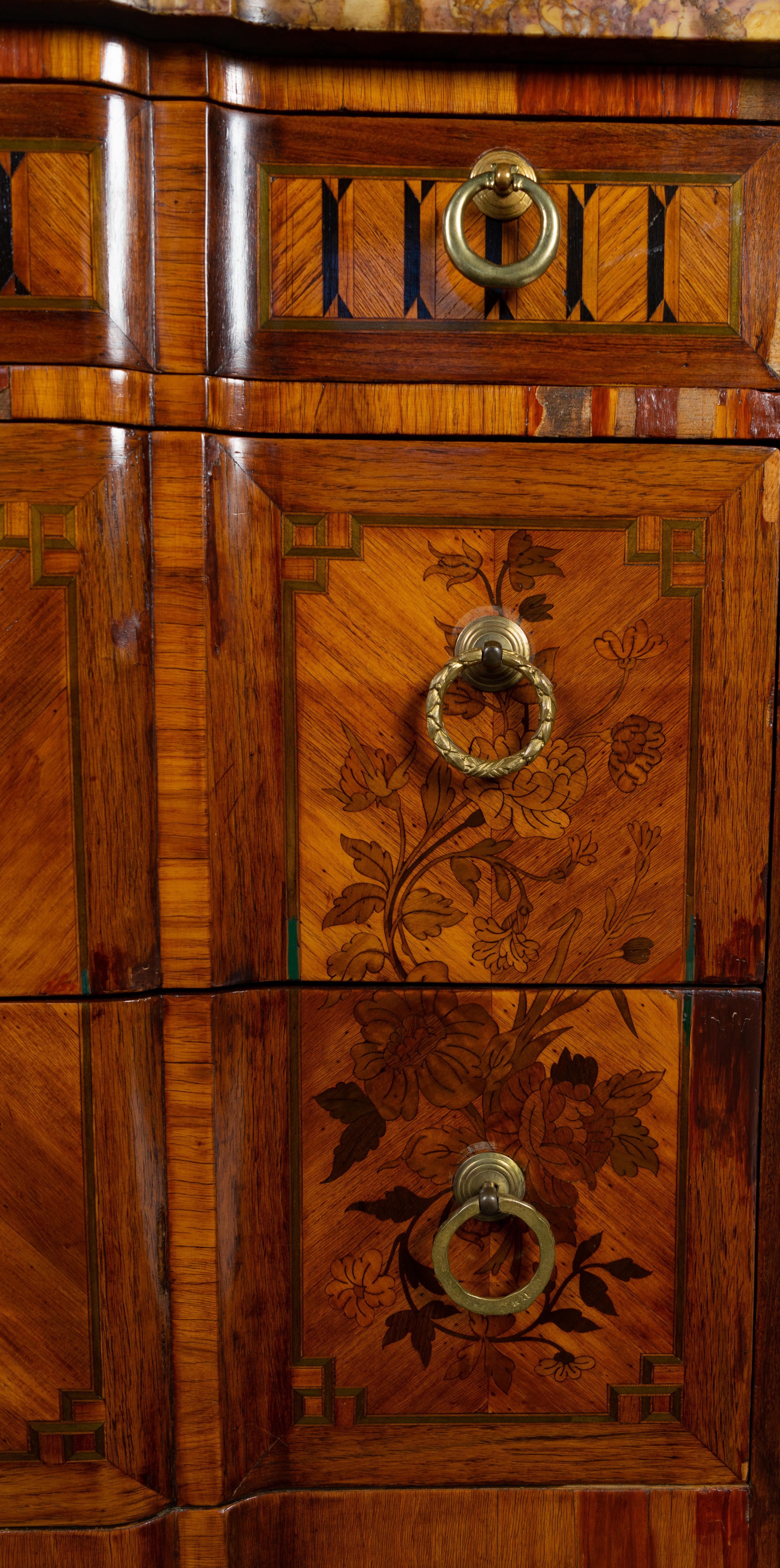 A Louis XV/XVI Transitional Style Marquetry Marble-Top Commode