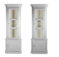 A Pair of Neoclassical Style Gray Painted Display Cabinets Height 93 x width 32 1/2 x depth 18 inches. — 20TH CENTURY
