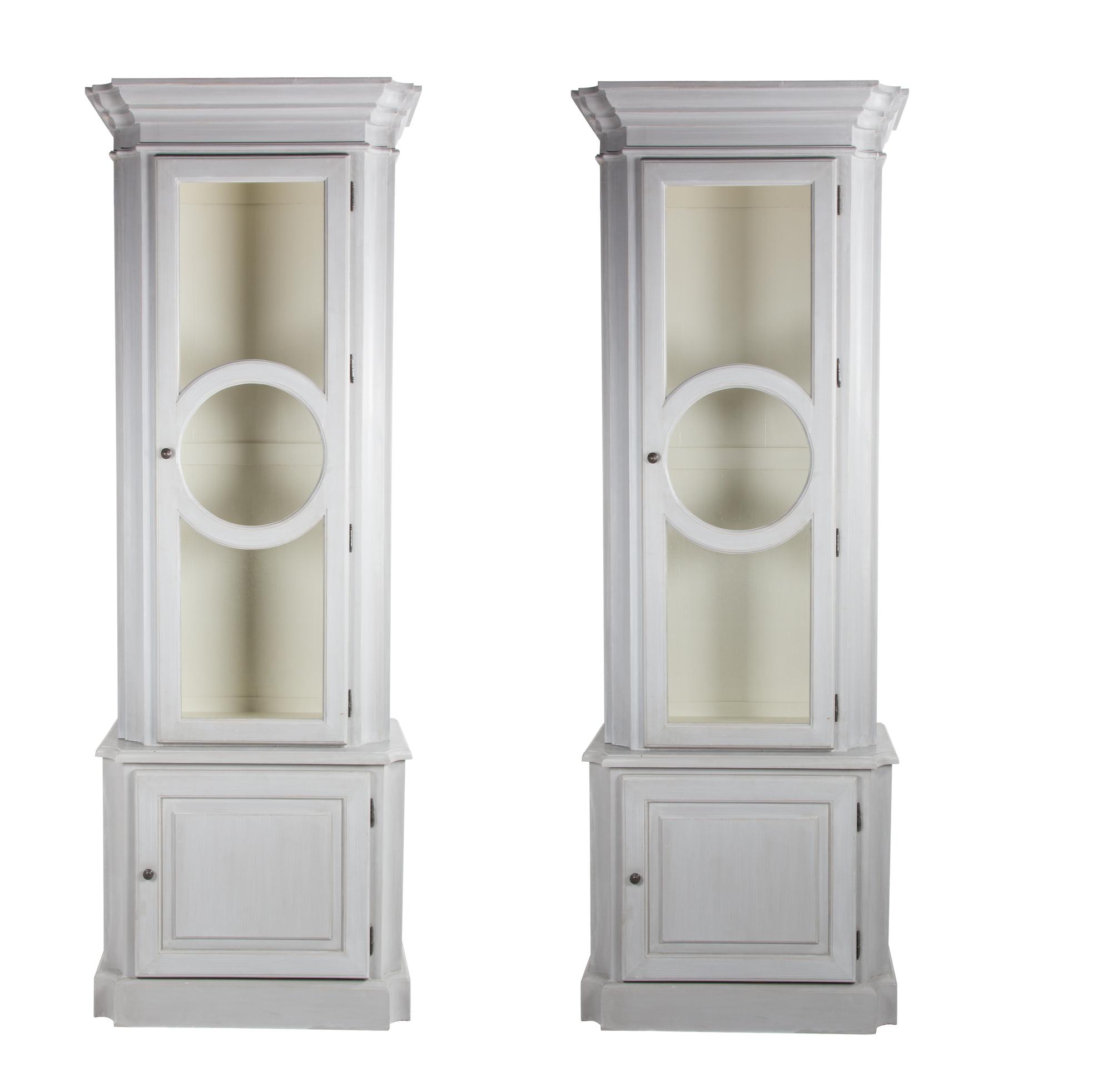 A Pair of Neoclassical Style Gray Painted Display Cabinets Height 93 x width 32 1/2 x depth 18 inches. — 20TH CENTURY