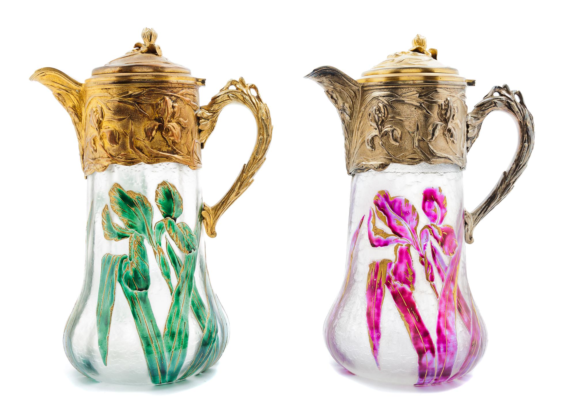 A Pair of French Art Nouveau Gilt Metal Mounted Enameled Cameo Glass Wine Carafes Height 11 1/2 inches.
