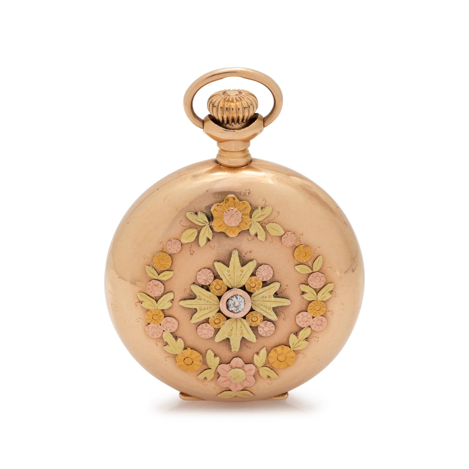 ELGIN, 14K TRICOLOR GOLD AND DIAMOND HUNTER CASE POCKET WATCH