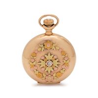 ELGIN, 14K TRICOLOR GOLD AND DIAMOND HUNTER CASE POCKET WATCH