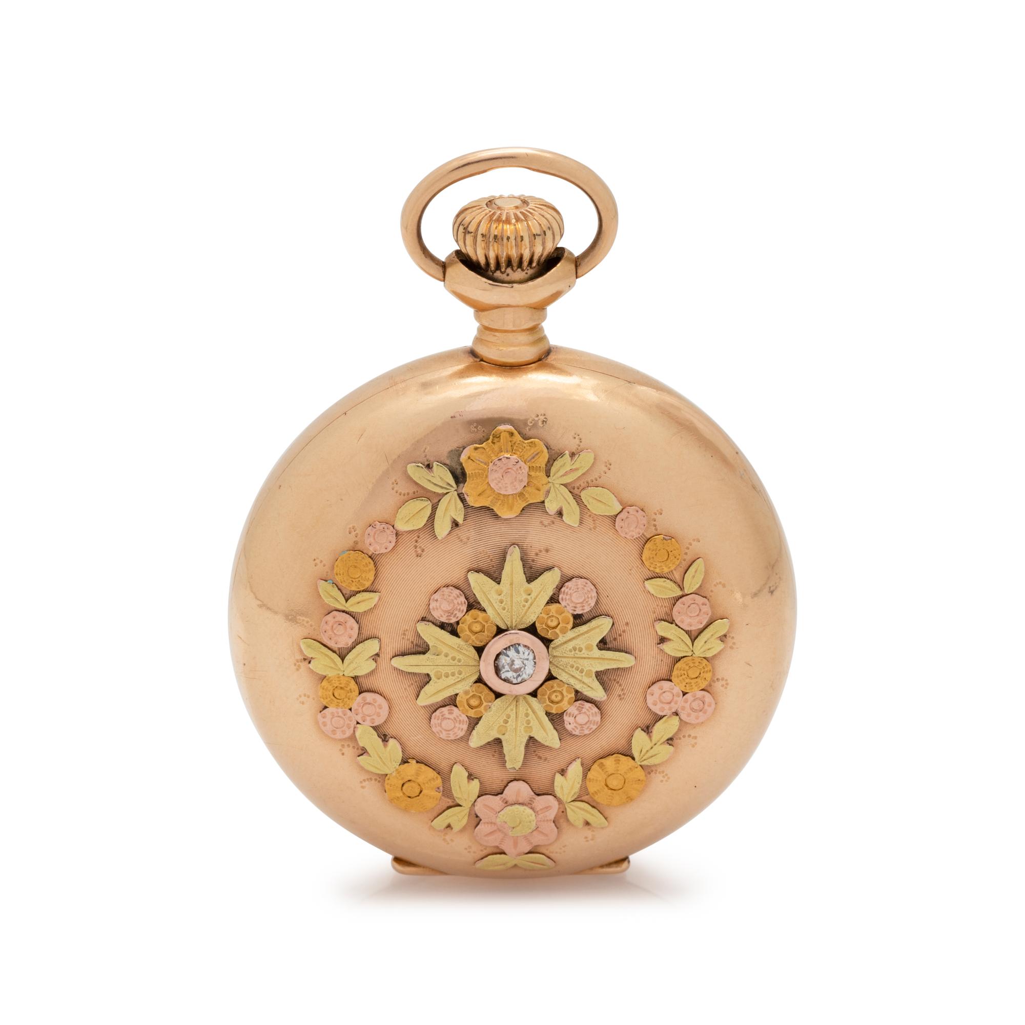 ELGIN, 14K TRICOLOR GOLD AND DIAMOND HUNTER CASE POCKET WATCH