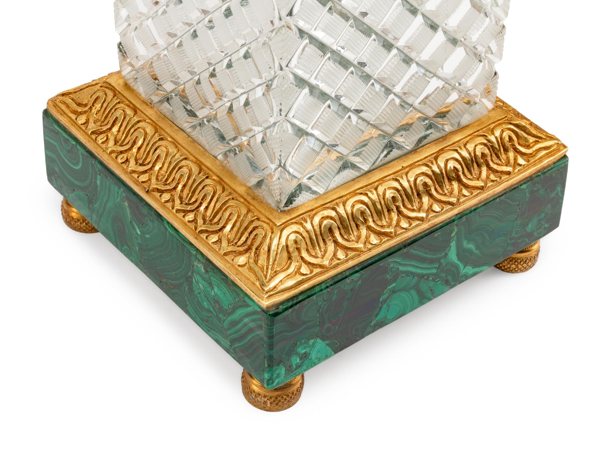 A Pair of Gilt Metal Mounted Cut Glass and Malachite Urns