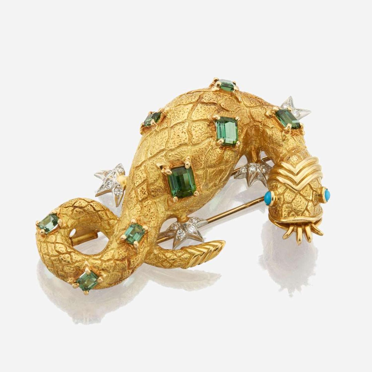 A gold, platinum, tourmaline, diamond, and turquoise brooch, Tiffany & Co. Schlumberger