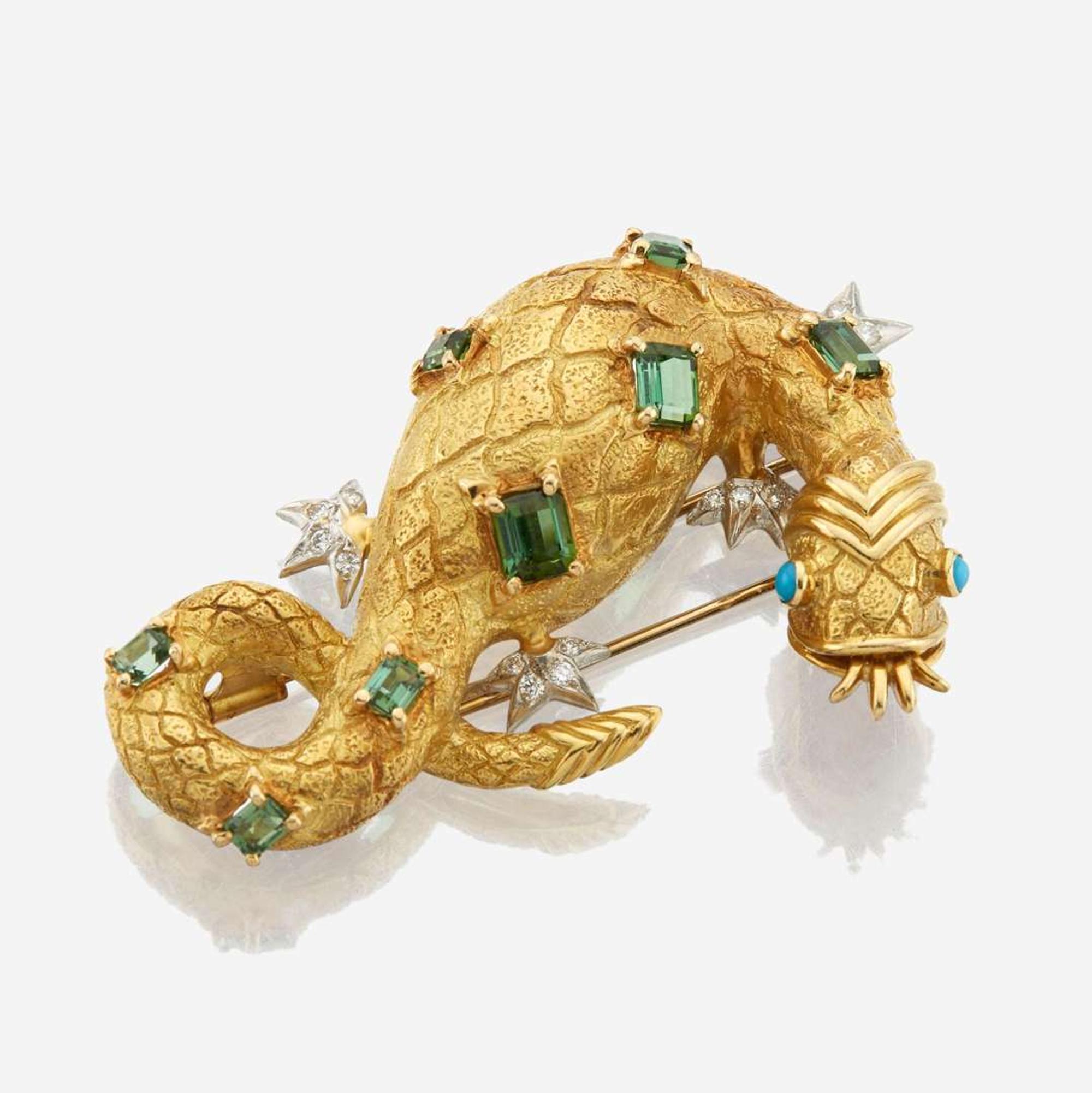A gold, platinum, tourmaline, diamond, and turquoise brooch, Tiffany & Co. Schlumberger