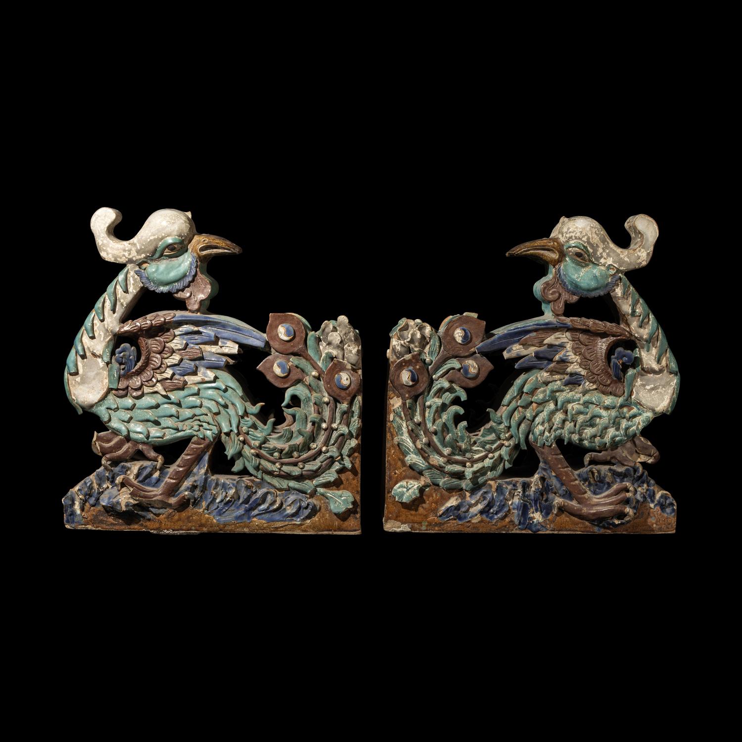 A Pair of Large Chinese Glazed Stoneware Architectural Tilework Phoenixes, Late 18th/19th Century 清中期 琉璃鳳凰大鴟吻一對